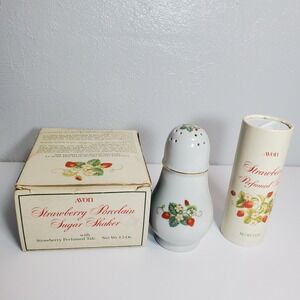 VTG‎ 1979 Avon Porcelain Strawberry Sugar Shaker 22k Gold Trim W/Talc In Box